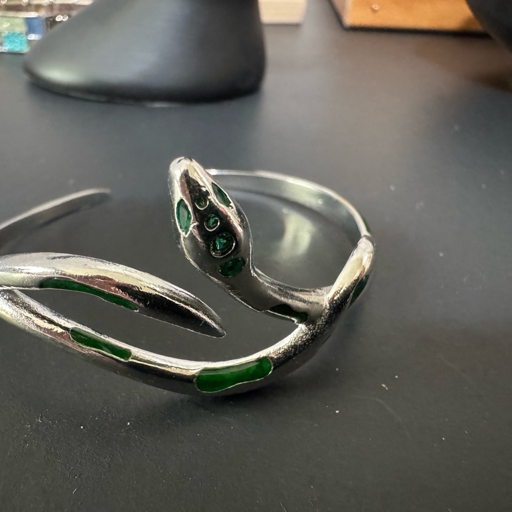 Vintage Silver Green Enamel Snake Cuff Bracelet – Serpent Wrap Design